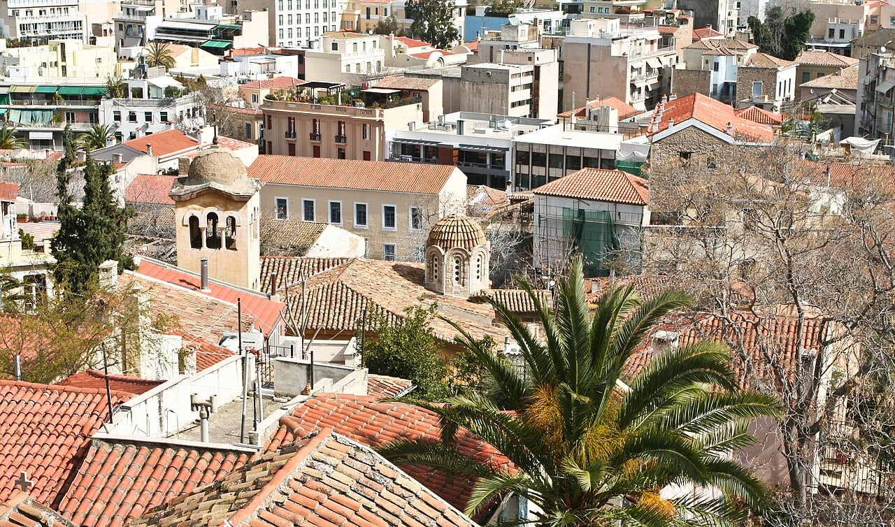 Athens rooftops with the Acropolis in the distance