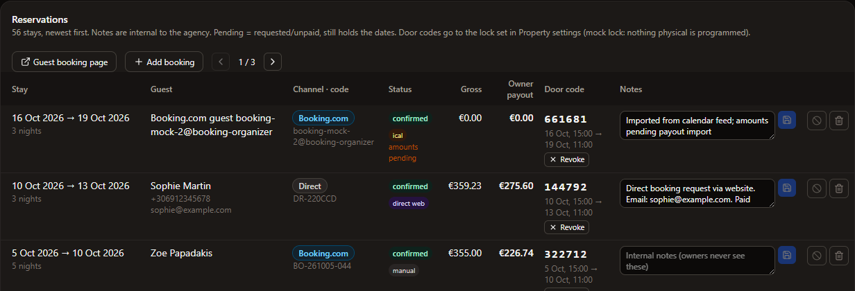 Reservations table with a door code column: a six-digit code with its validity window and a revoke button per stay